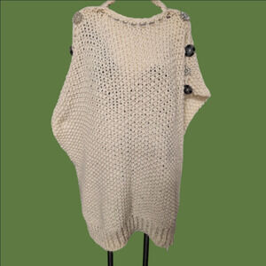 VINTAGE Poncho Cream Oversized Rhinestone Button Bohemian Free Size
